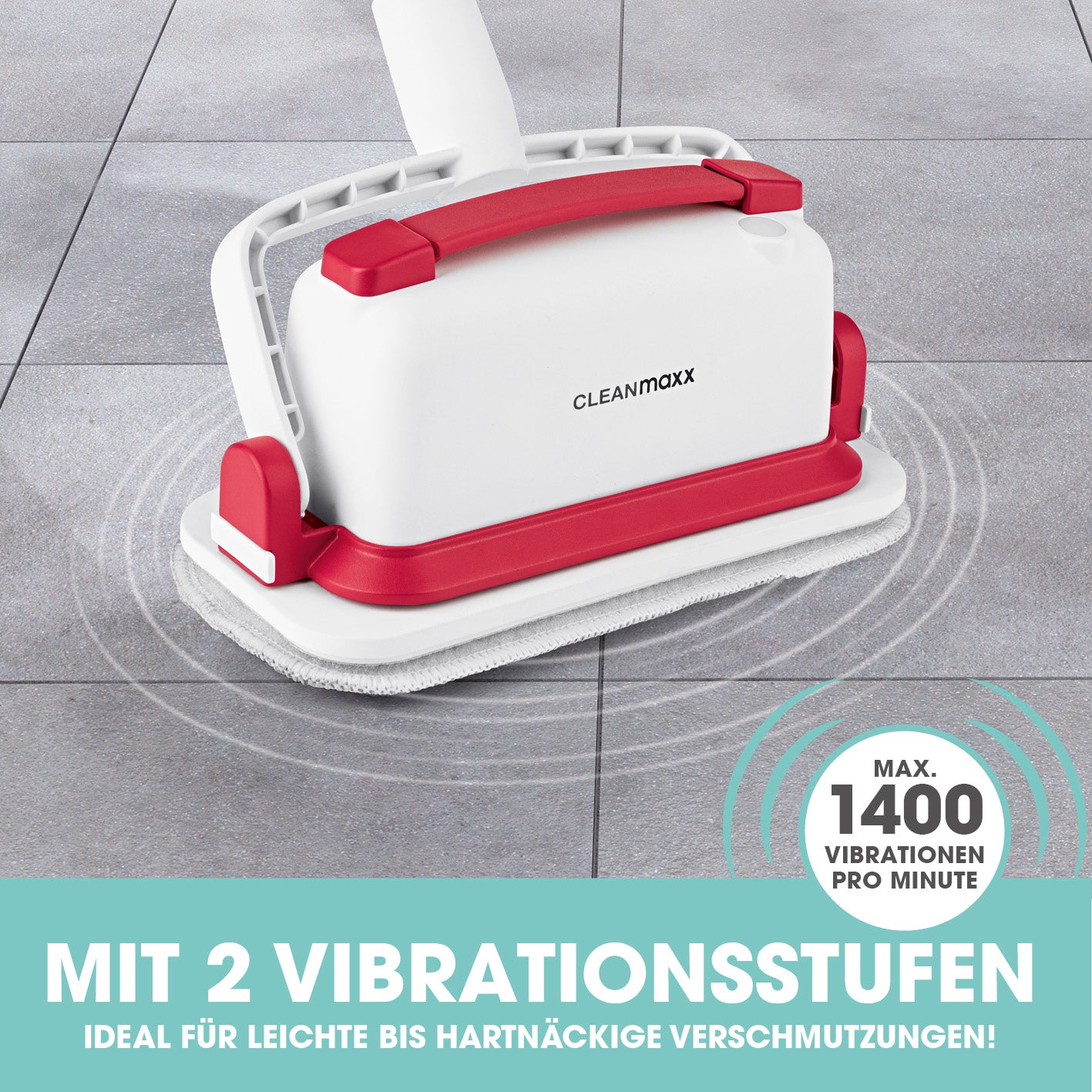 Akku-Scheuerbürste - weiß/rot mit zwei Vibrationsstufen, kabellos, bis zu 80 Min. Akkulaufzeit, ideal für Bodenreinigung ohne Bücken.