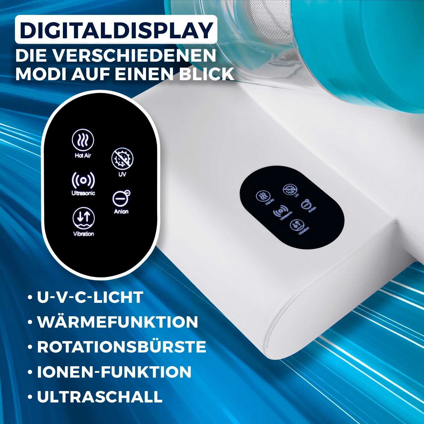 Milbensauger Rotation - blau/weiß mit Digitaldisplay, UV-C-Licht, Wärme-, Ultraschall- und Ionenfunktion für effektive Milbenentfernung.