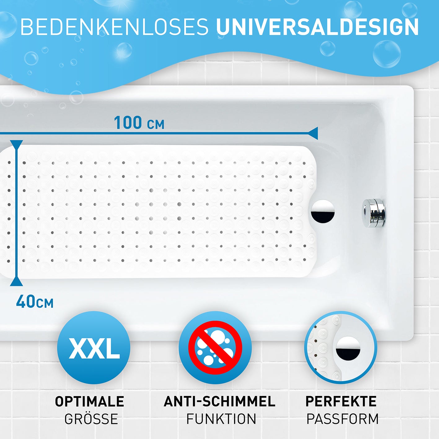 Badewannenmatte - Weiß - 100 x 40 cm mit Anti-Schimmel, XXL Größe, rutschfester Oberfläche und perfekter Passform für sichere Badewanne.