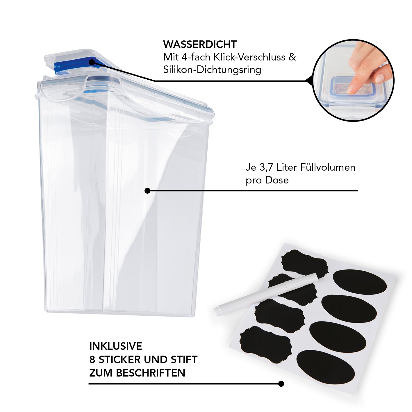 Frischhaltedosen Klick-it hoch - 8-tlg. weiß/blau, 3,7L, wasserdicht mit 4-fach Klickverschluss, inkl. 8 Sticker und Stift zum Beschriften.