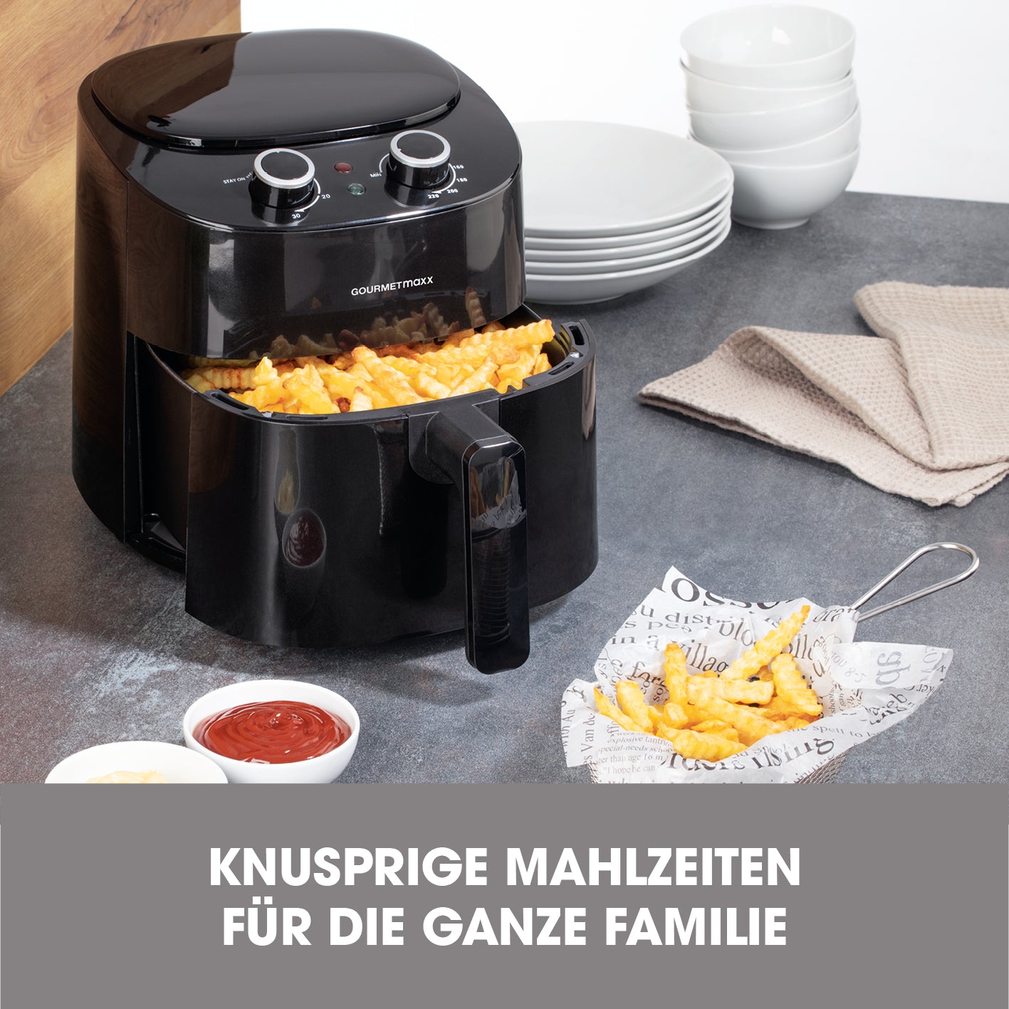 Heißluft-Fritteuse Mechanisch 4,7l - Schwarz mit 4,5l Korb, Timer und Heißluft-Zirkulation für fettarmes Frittieren.