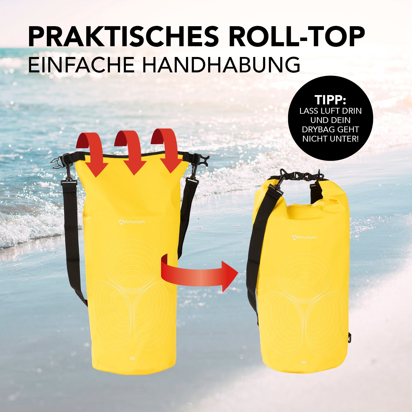 Dry Bag 20L - Gelb mit wasserdichtem Rolltop-Verschluss, robuster Rucksack für Outdoor-Abenteuer wie Standup-Paddling und Camping.