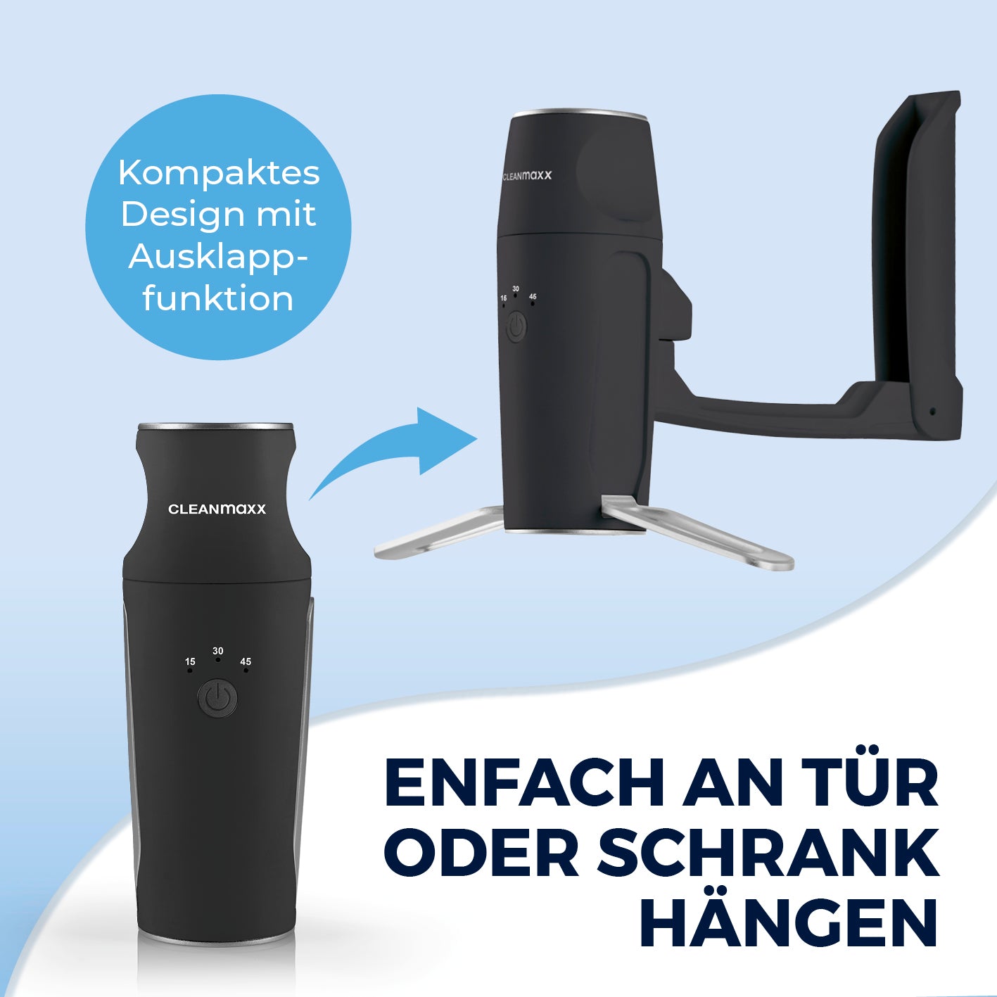 Hemdenbügler PRO KOMPAKT schwarz/silber mit klappbarem Design, ideal zum Aufhängen an Tür oder Schrank für platzsparendes Bügeln.
