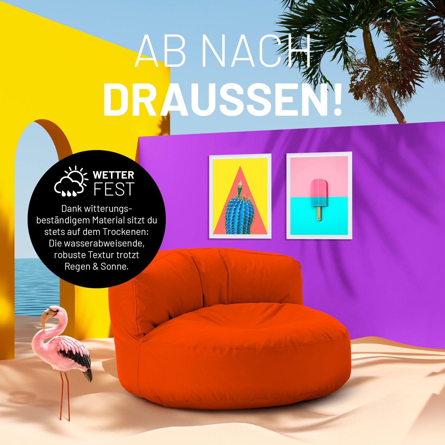 Sitzsack Lounge (320 L) Orange, wetterfest, robust, leicht, indoor & outdoor, pflegeleicht, mit verdecktem Reißverschluss für bodenschonenden Schutz.