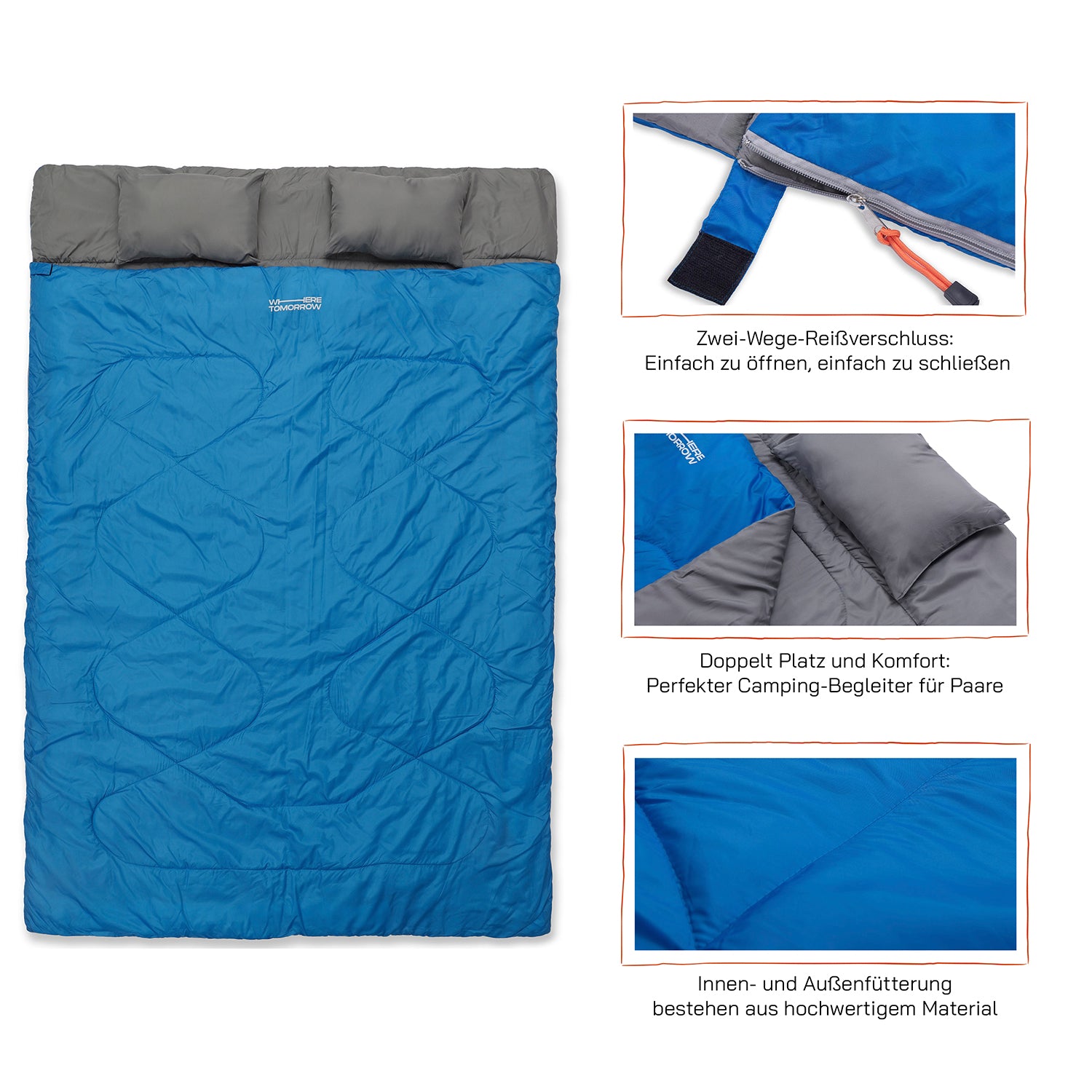 Doppelschlafsack mit Tragetasche - 2-Personen Schlafsack 190x150 cm in Royalblau mit Kopfkissen und Zwei-Wege-Reißverschluss.