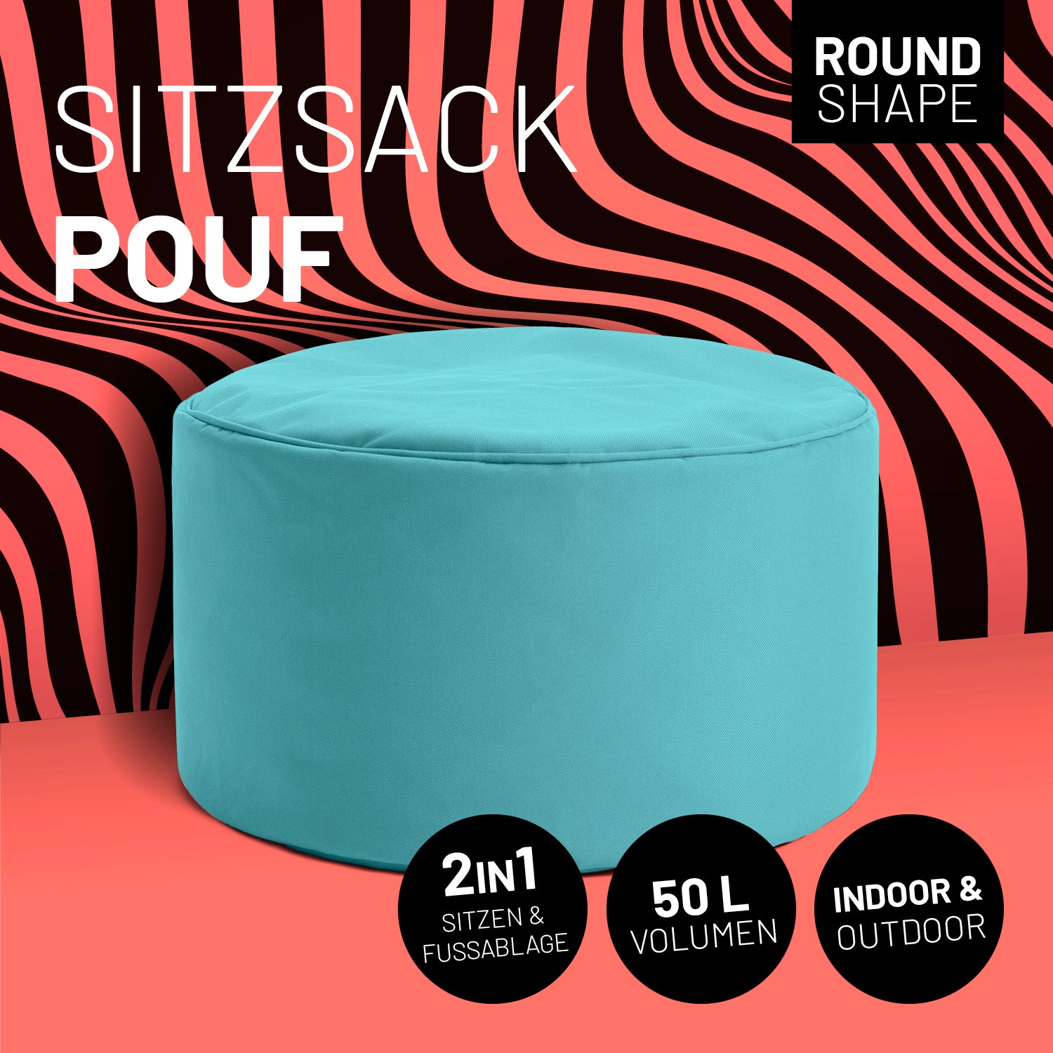 Sitzsack-Hocker/Pouf (50 L) Aquamarin, leicht, robust, indoor & outdoor nutzbar, mit verdecktem Reißverschluss und hochwertiger Füllung.