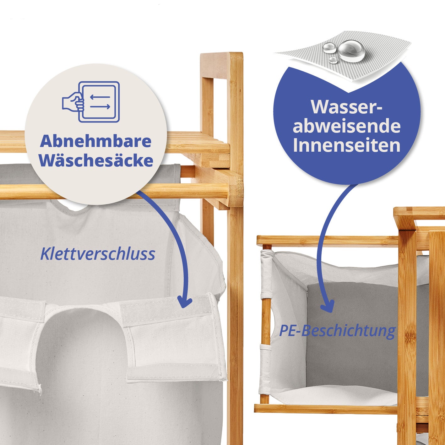 Bambus Wäschekorb mit 2 ausziehbaren Wäschesacken - 73 x 64 x 33 cm - Weiß