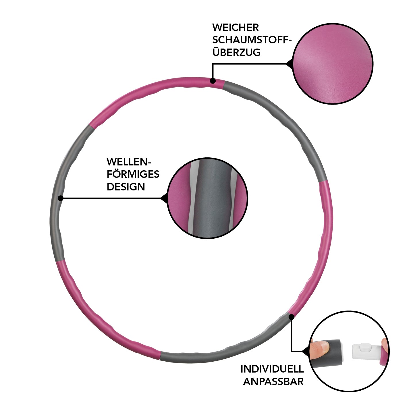 Hula Hoop Reifen verstellbar - 100 cm - lila mit wellenförmigem Design, weichem Schaumstoff und individuell anpassbar durch 6 Elemente.