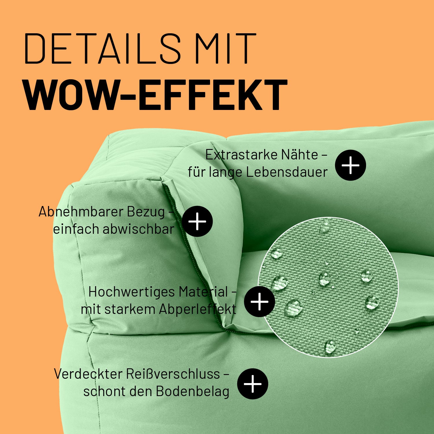 Sitzsack-Sofa Ecke (340 L) - Modulares System - indoor & outdoor - Pastell Grün mit abnehmbarem Bezug, Abperleffekt und verdeckten Reißverschlüssen.