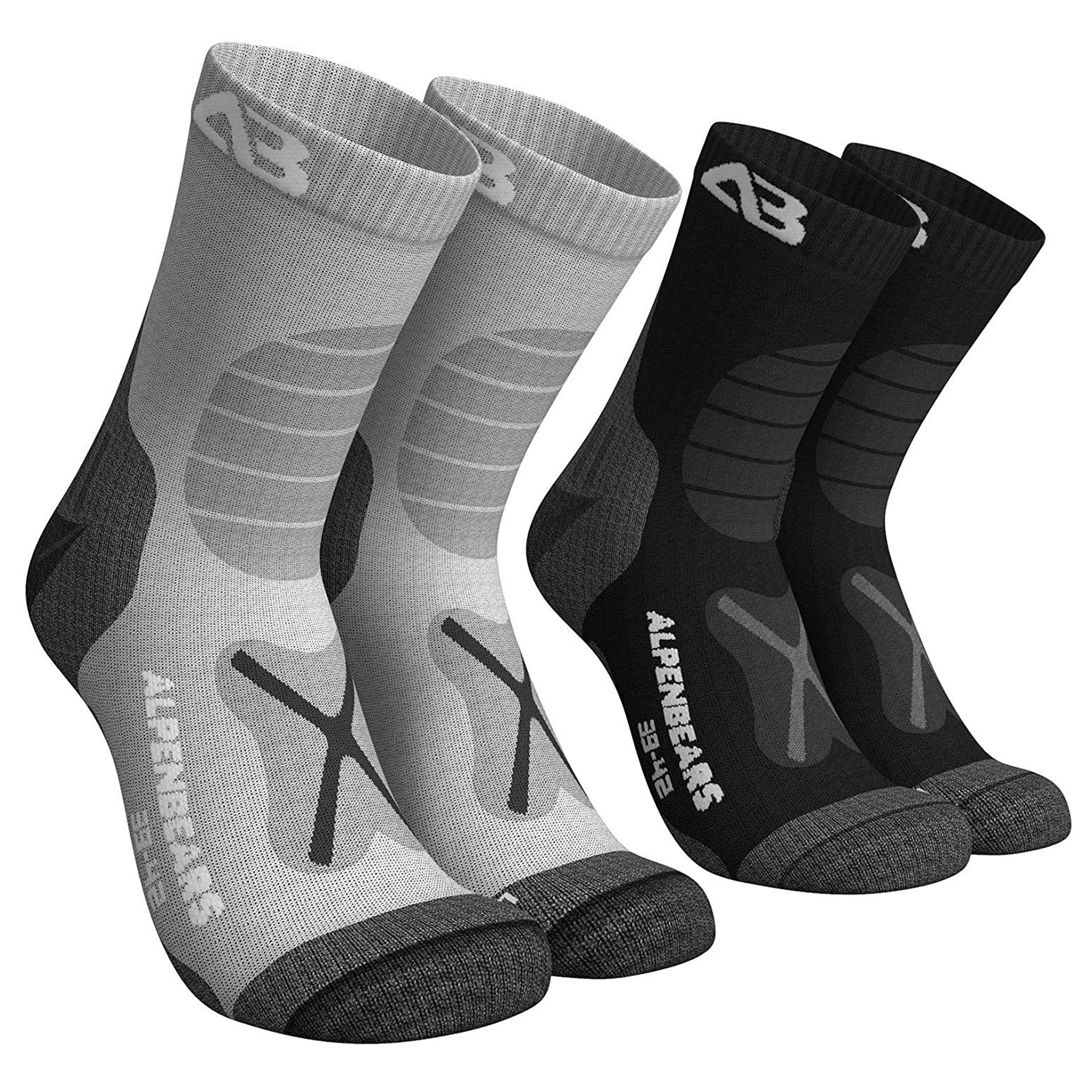 Wandersocken Merinowolle - 2er-Set grau und schwarz, atmungsaktiv, polsternd, feuchtigkeitsregulierend, Größe 43-38 für Trekking und Wandern.