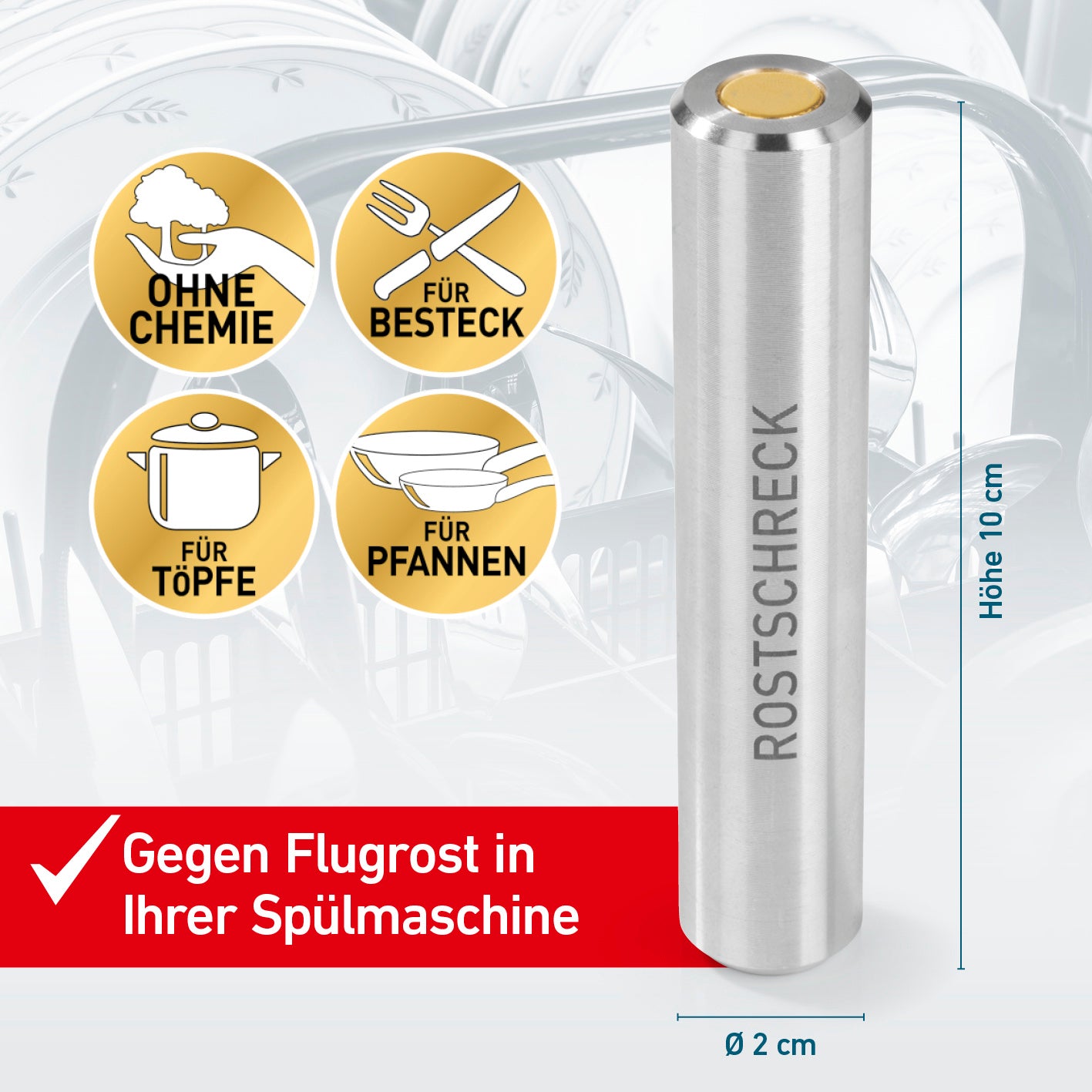 Rostschreck gegen Flugrost in Spülmaschine für Besteck, Töpfe und Pfannen ohne Chemie, bis zu 600 Spülgänge wirksam.
