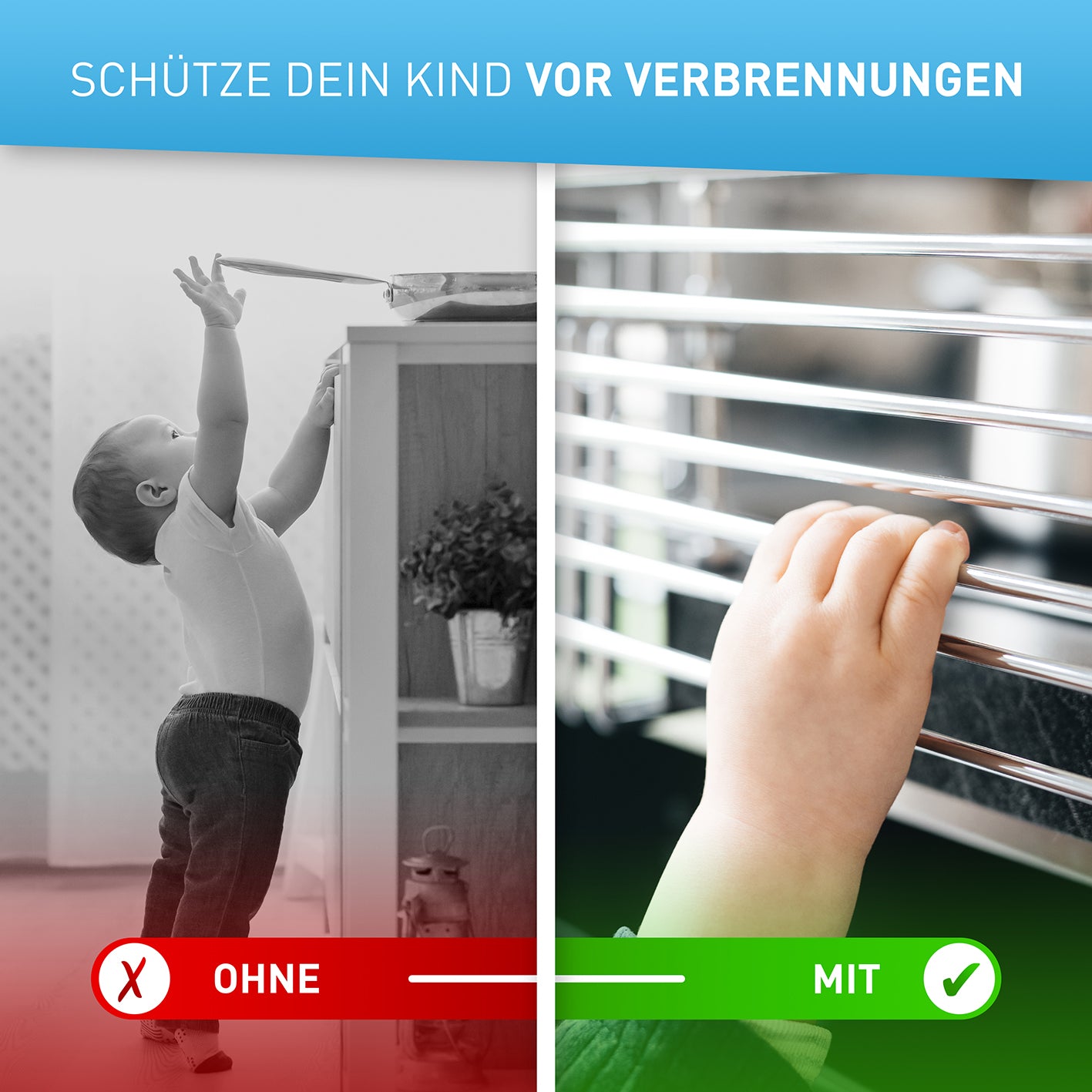 Herdschutzgitter Happy Kid schützt Kinderhände vor Verbrennungen mit eng stehenden Stäben und sicherem Halt am Herd.