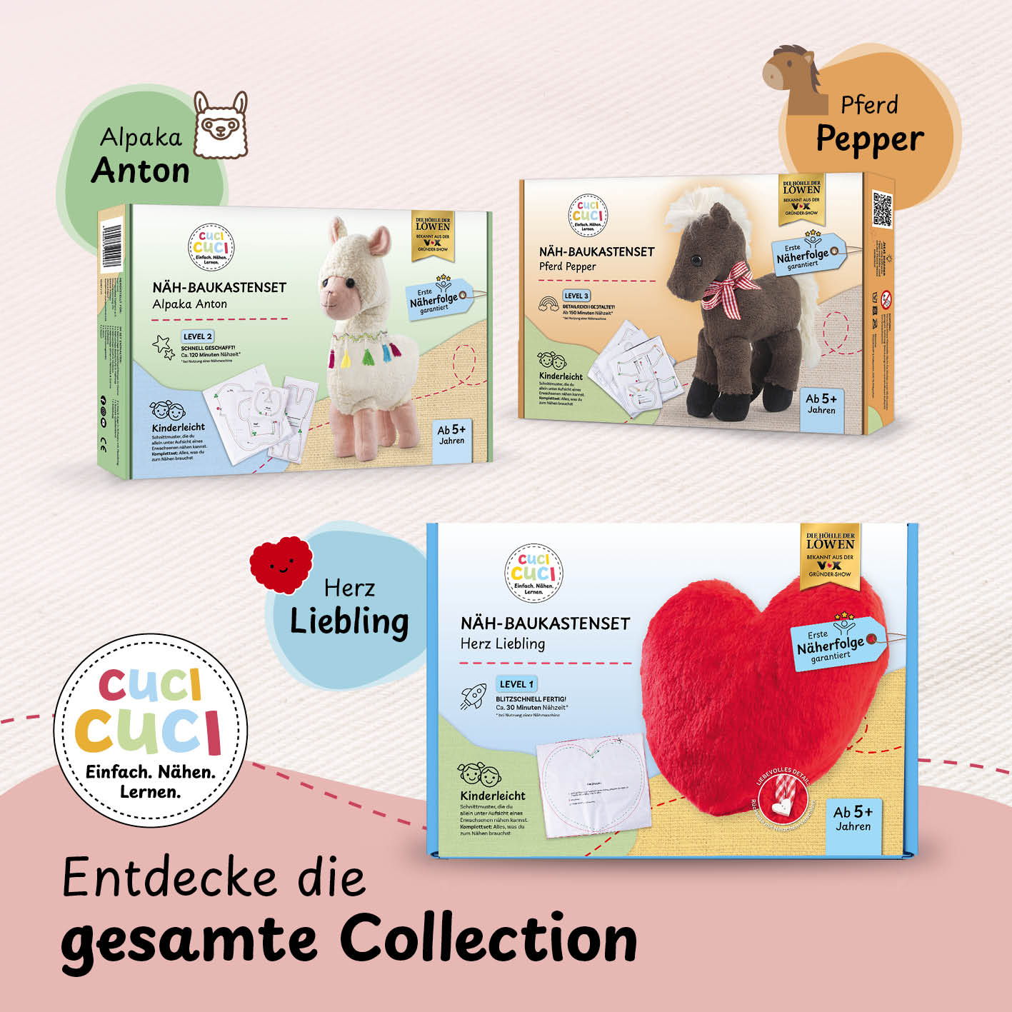 Näh-Baukastenset Motiv Einhorn Elly von cuci cuci – kinderleicht Nähen lernen mit kompletter Anleitung und Materialien.