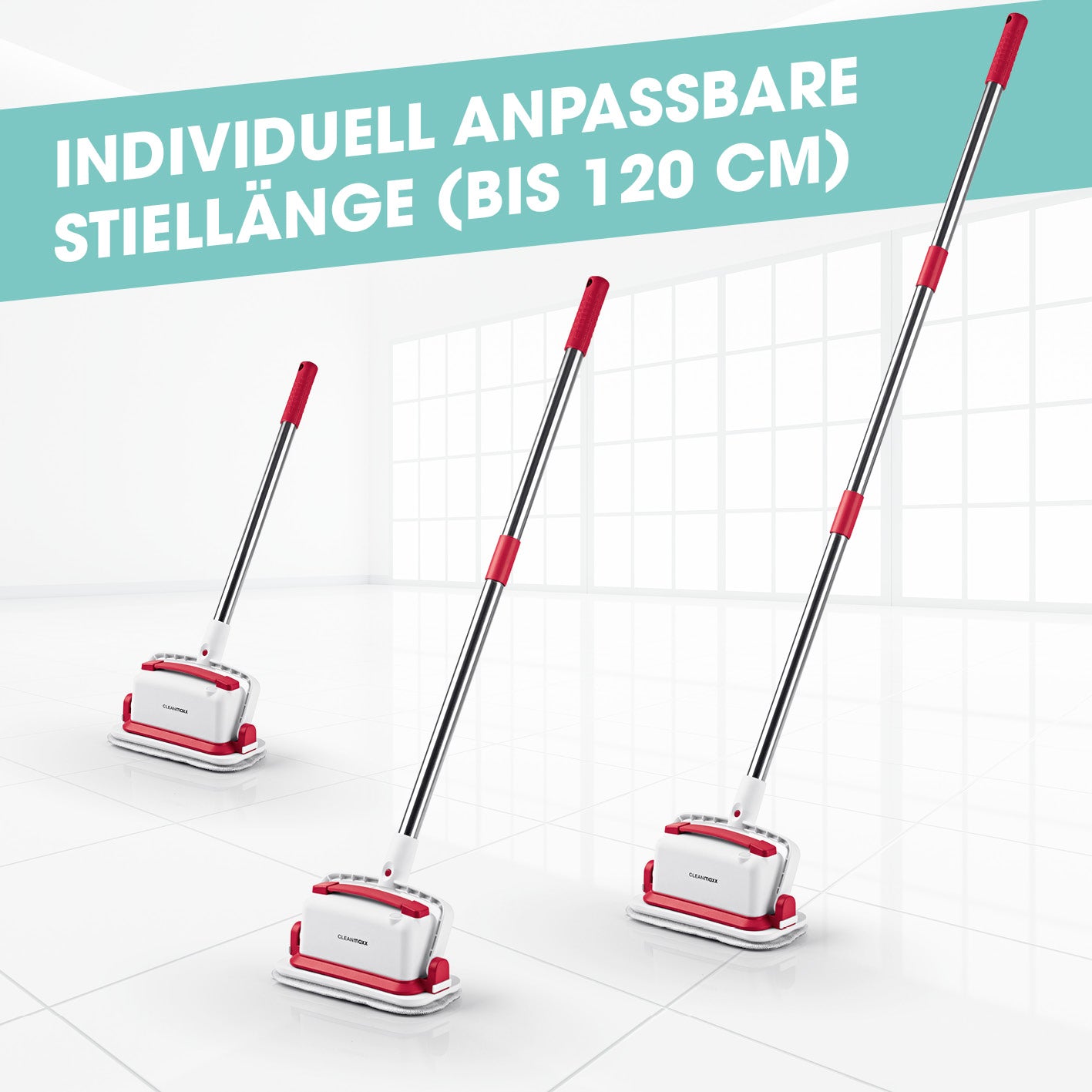 Akku-Scheuerbürste - weiß/rot mit individuell anpassbarer Stiellänge bis 120 cm für komfortables kabelloses Reinigen.
