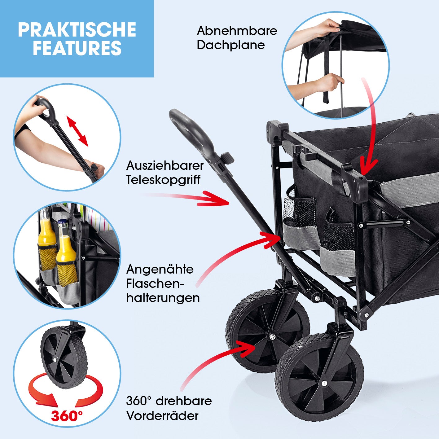 Bollerwagen mit Dach - faltbar - anthrazit/schwarz mit abnehmbarem Dach, Teleskopgriff und 360° drehbaren Vorderrädern.