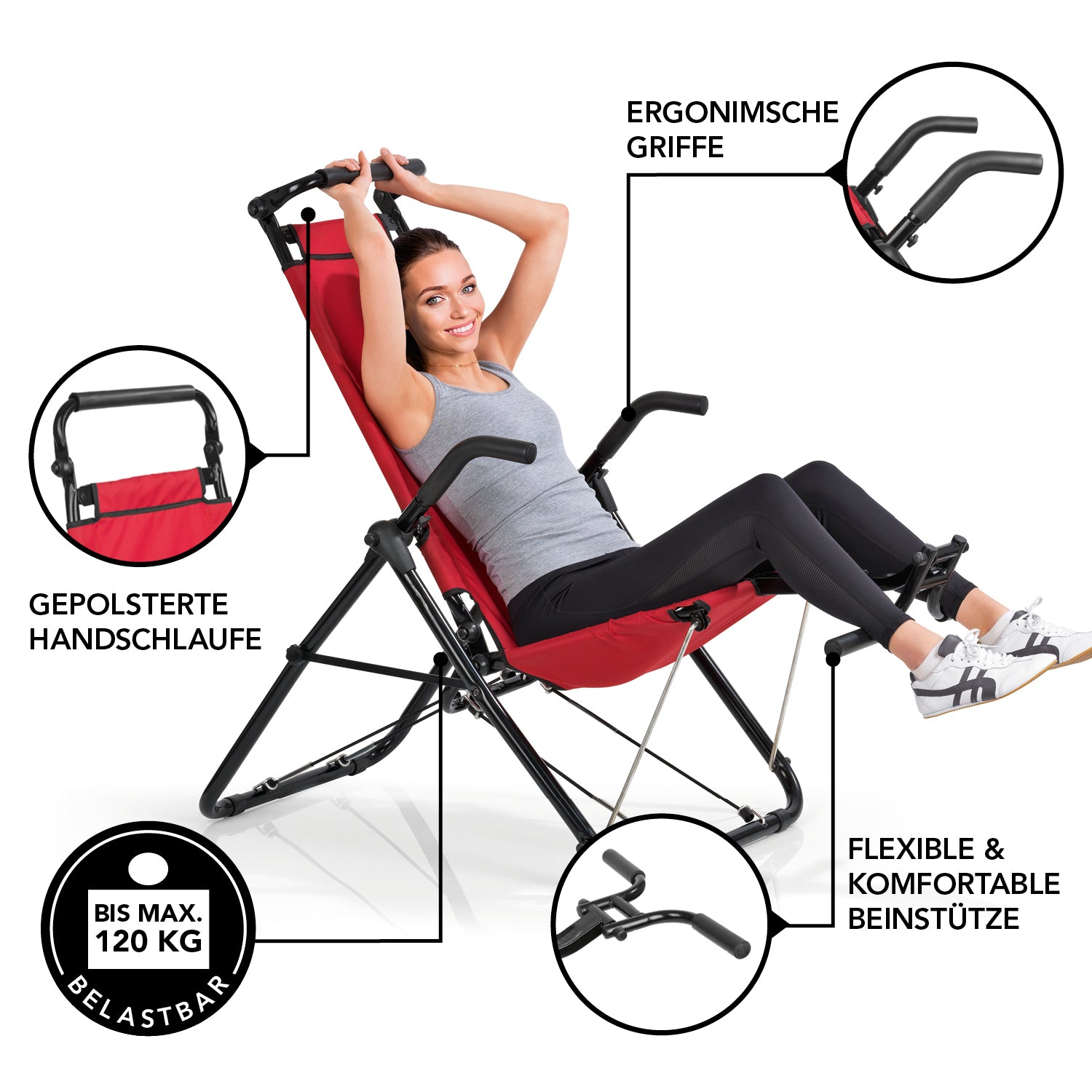 Inversionstrainer Deluxe Heimtrainer mit gepolsterten Handschlaufen, ergonomischen Griffen und flexiblen Beinstützen bis 120 kg belastbar.