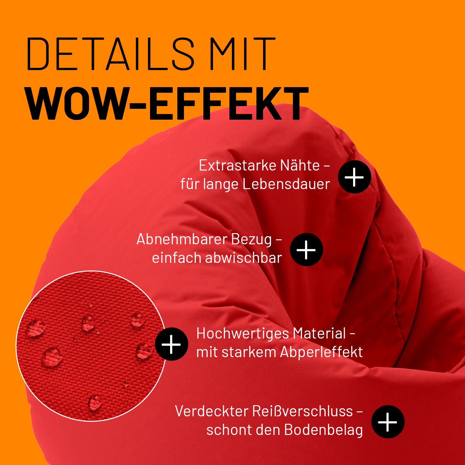 Sitzsack Drops (300 L) Rot mit extrastarken Nähten, abnehmbarem Bezug, Abperleffekt und verdecktem Reißverschluss für drinnen & draußen.