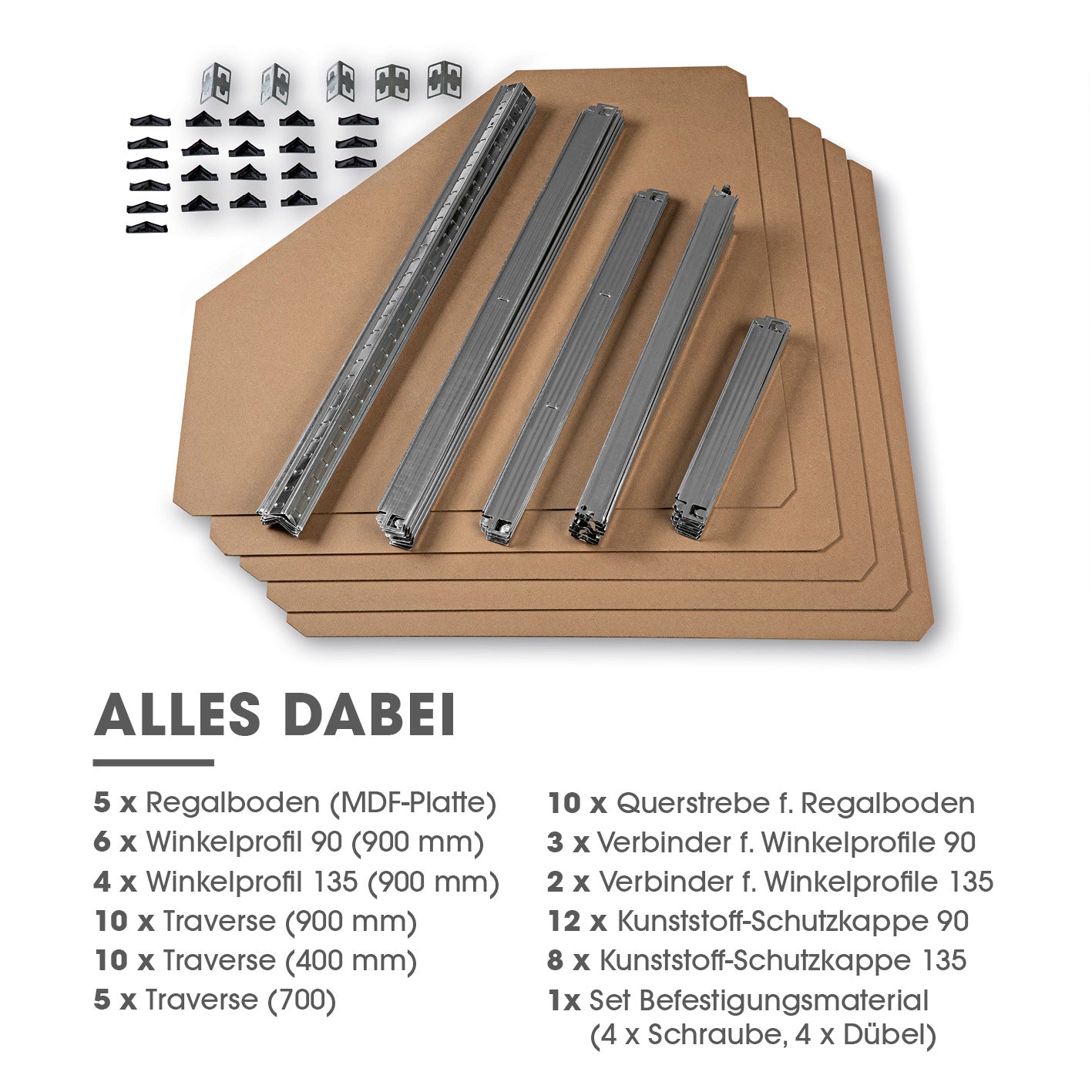 Schwerlast-Eckregal & Werkbank - 180 x 90 x 40 cm - 875 kg Traglast, 175 kg pro Ebene alle Bauteile für Aufbau übersichtlich dargestellt