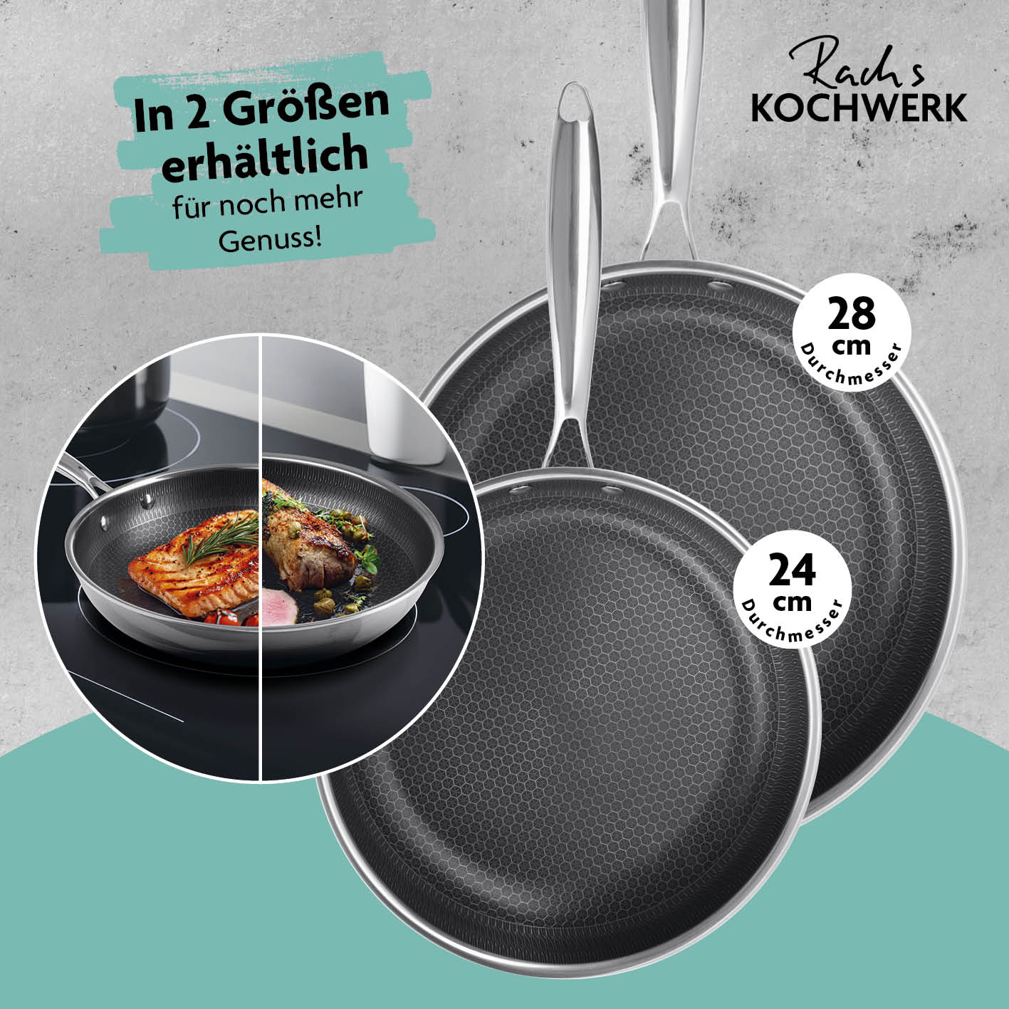 Edelstahl-Pfanne mit Wabenstruktur Ø 24 cm, kratzfest, antihaftbeschichtet, geeignet für alle Herdarten, hitzebeständig bis 210°C.