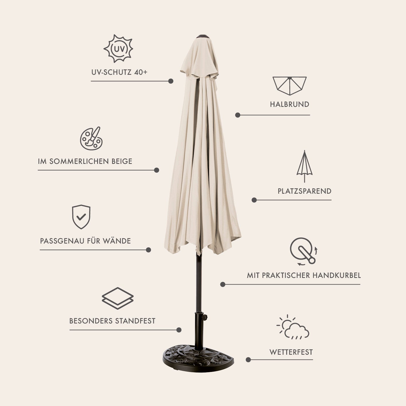 Sonnenschirm mit UV-Schutz mit Sonnenschirmfuß - halbrund 270x140 cm - beige
