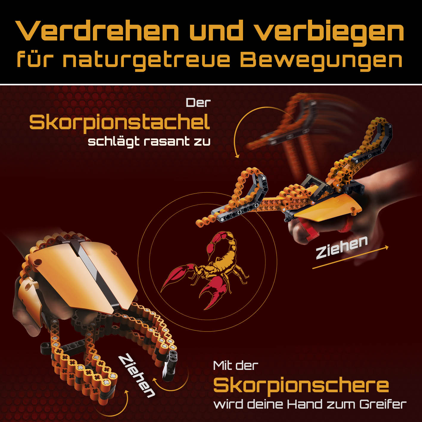 Baustein-Set Skorpion mit flexiblen Bausteinen für naturgetreues Biegen und Verdrehungen wie Skorpionstachel und Skorpionschere.