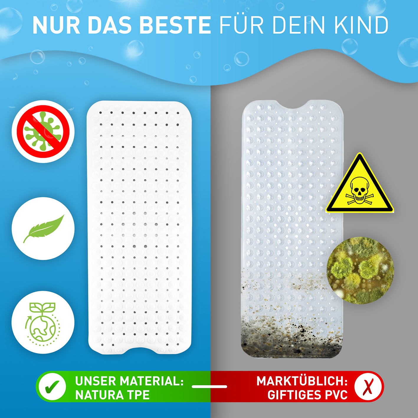 Badewannenmatte - Weiß - 100 x 40 cm aus BPA-freiem TPE mit Antirutsch-Oberfläche, sicher und schimmelresistent, ohne PVC.