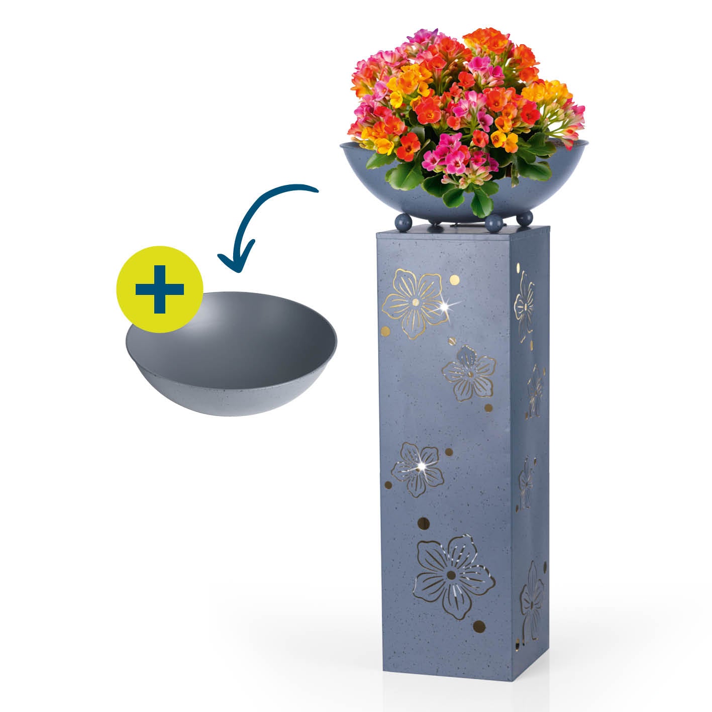 LED Pflanzsäule "Blume" in 3D Beton-Optik mit abnehmbarer Pflanzschale und dekorativer LED-Beleuchtung.