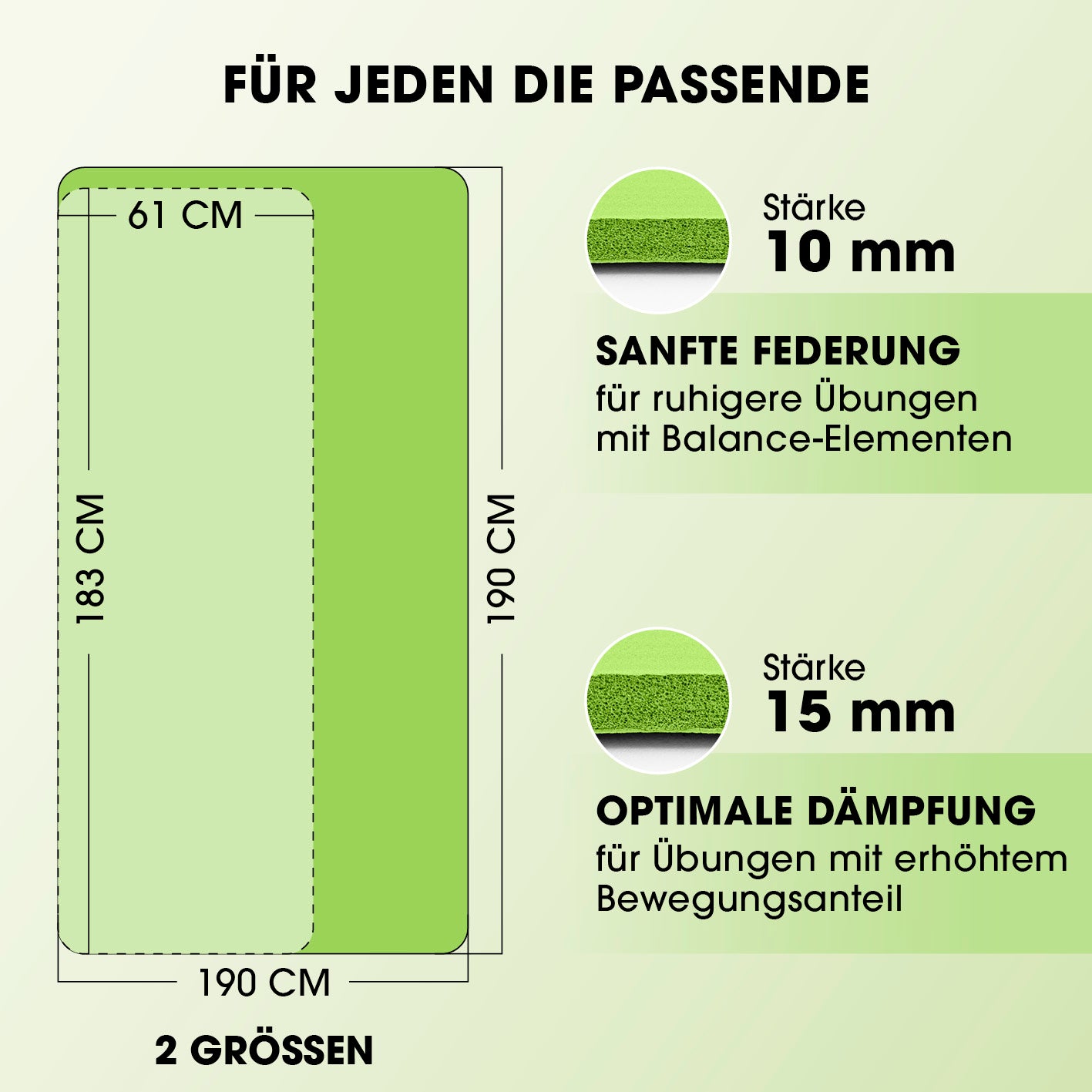 Fitness- und Gymnastikmatte - 183 x 61 x 1,5 cm - Grün mit optimaler Dämpfung und sanfter Federung für vielfältige Übungen.