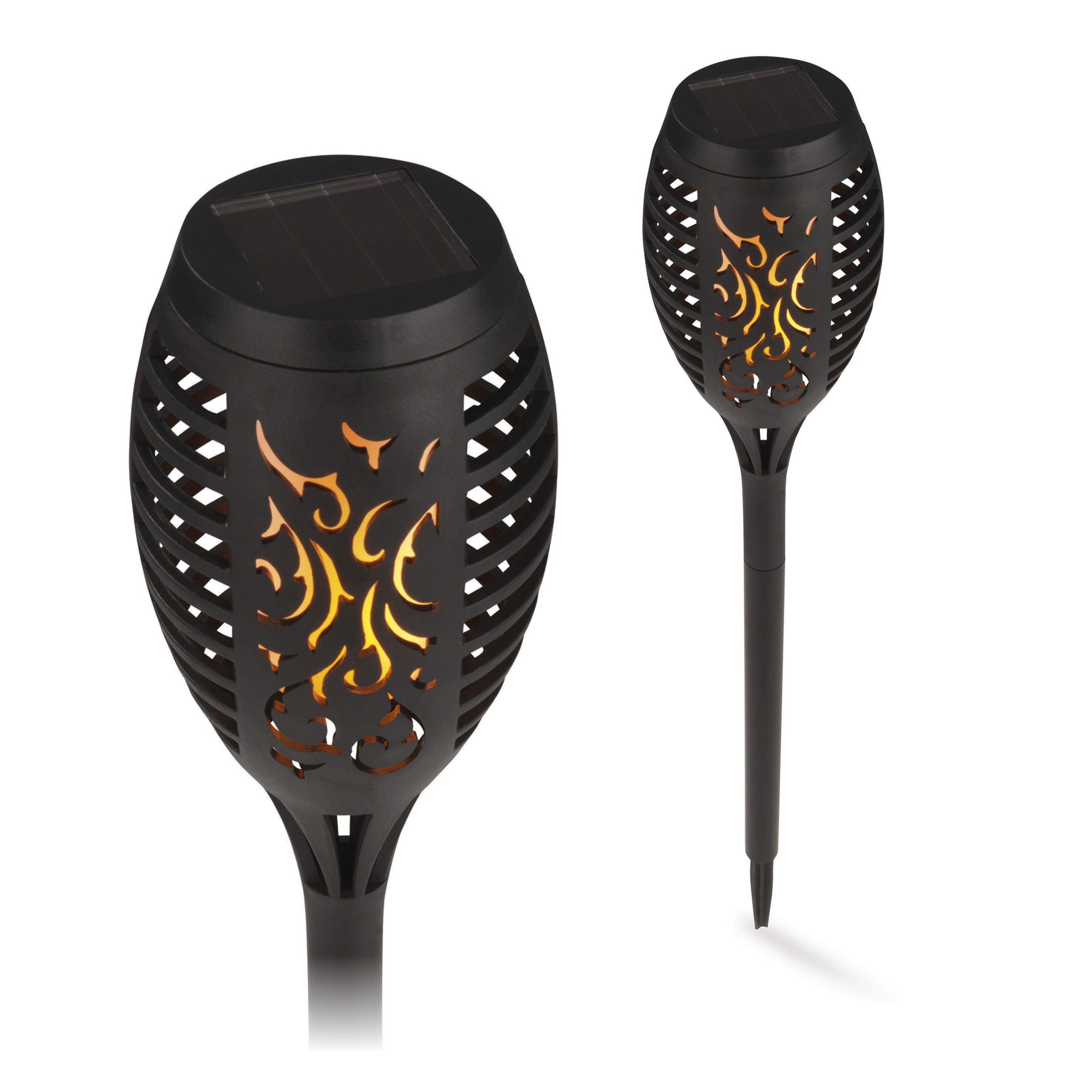 Solar-Fackel LED mit Tageslichtsensor - 2er-Set - schwarz mit realistischem Flammeneffekt, wetterbeständig und mit Erdspieß für Außenbereiche.