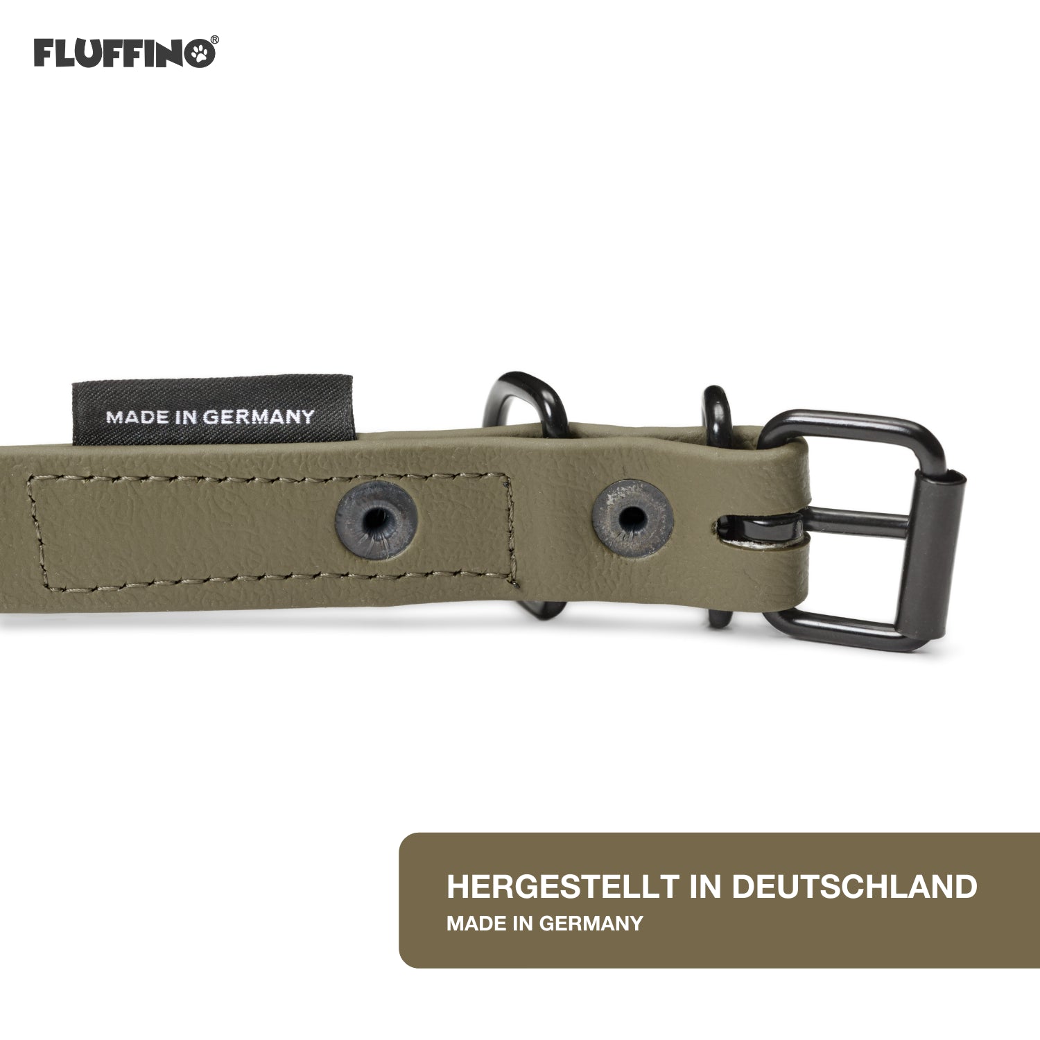 Hundehalsband aus BioThane - 5-Fach verstellbare Größe M in Oliv, vegan, wasserfest, made in Germany von FLUFFINO.