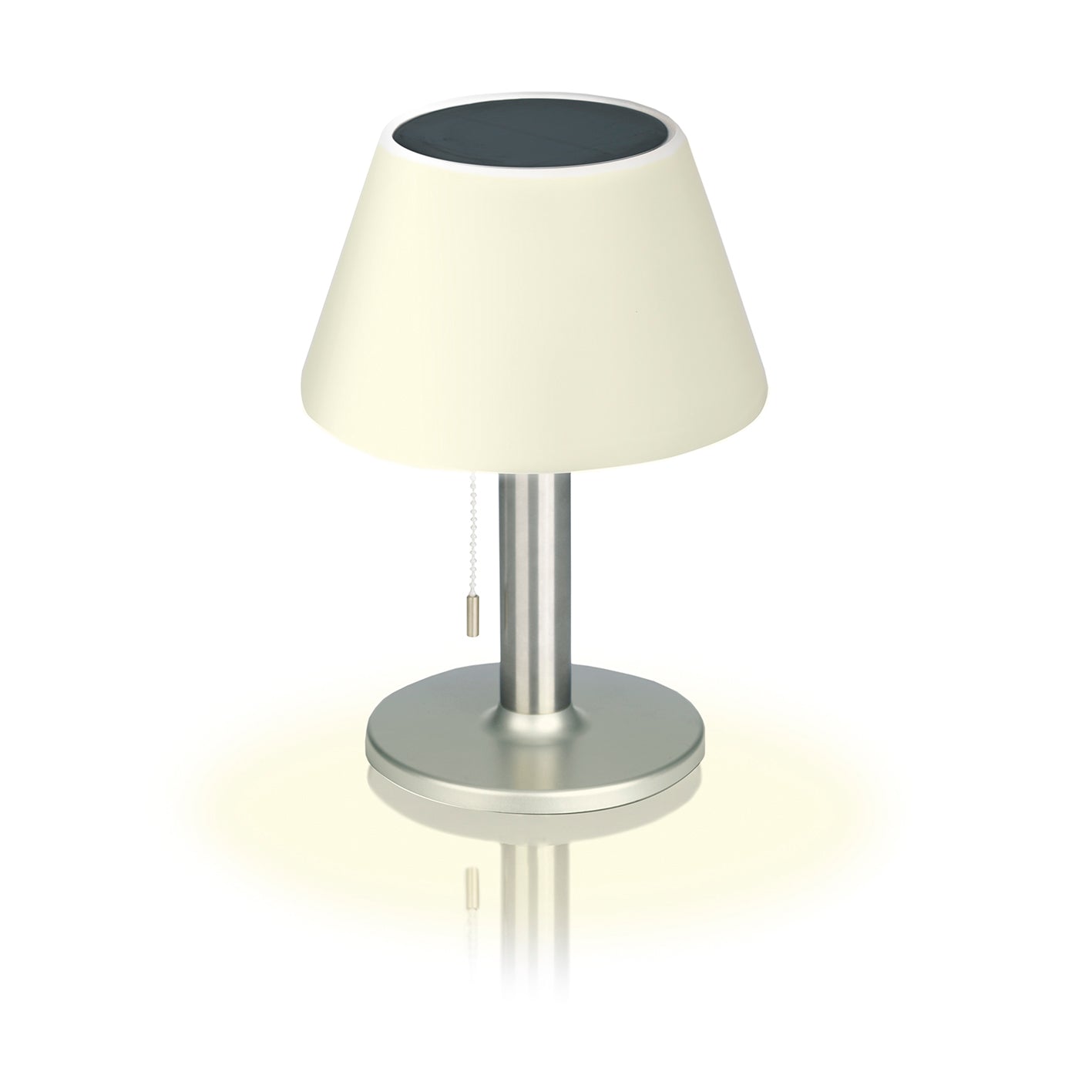 Solar-Tischleuchte - Edelstahl/weiß mit warmweißem LED-Licht, Edelstahloptik, praktischem Schalter und bis zu 8 Stunden Leuchtdauer.