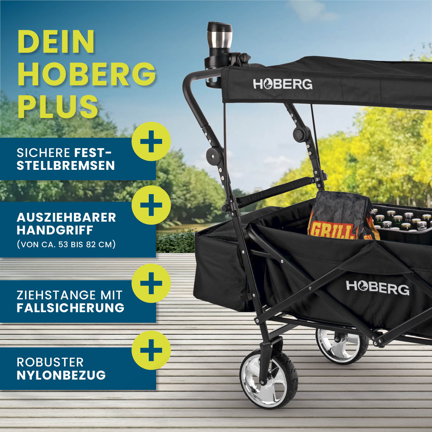 Faltbarer Bollerwagen - Schwarz mit ausziehbarem Griff, Fallsicherung, Nylonbezug und sicheren Feststellbremsen von HOBERG.
