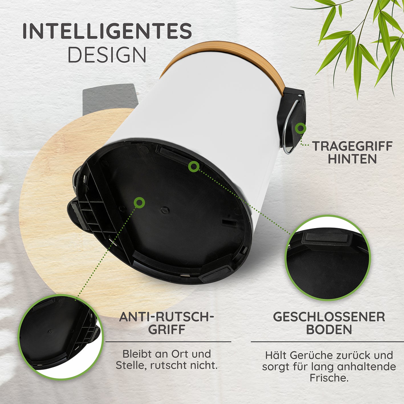 Tretmülleimer mit Softclose-Deckel - 5 l - Weiß mit rutschfestem Boden, bambusdeckel und geräuschlosem Softclose-Funktion.