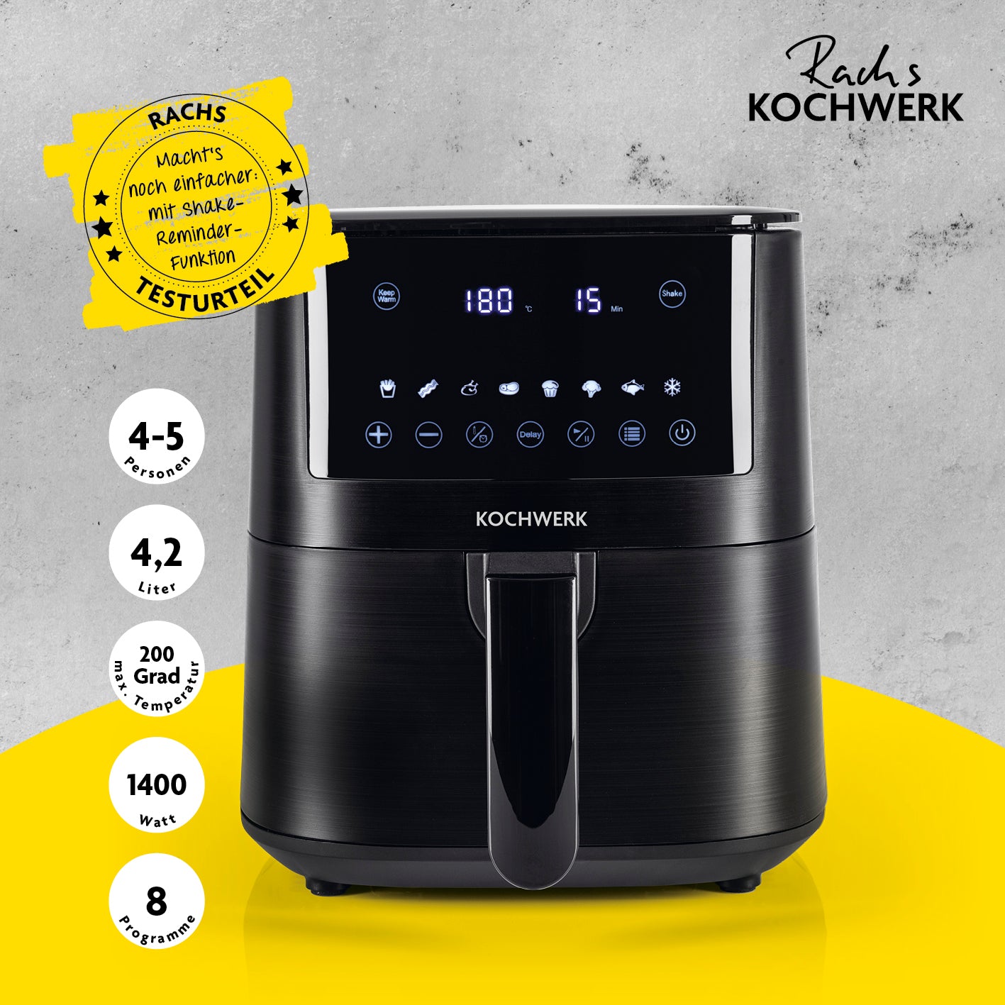 Heißluft-Fritteuse Digital 4,2l mit 8 Programmen, Shake-Reminder, 1400W Leistung und leicht zu reinigendem Frittierkorb.