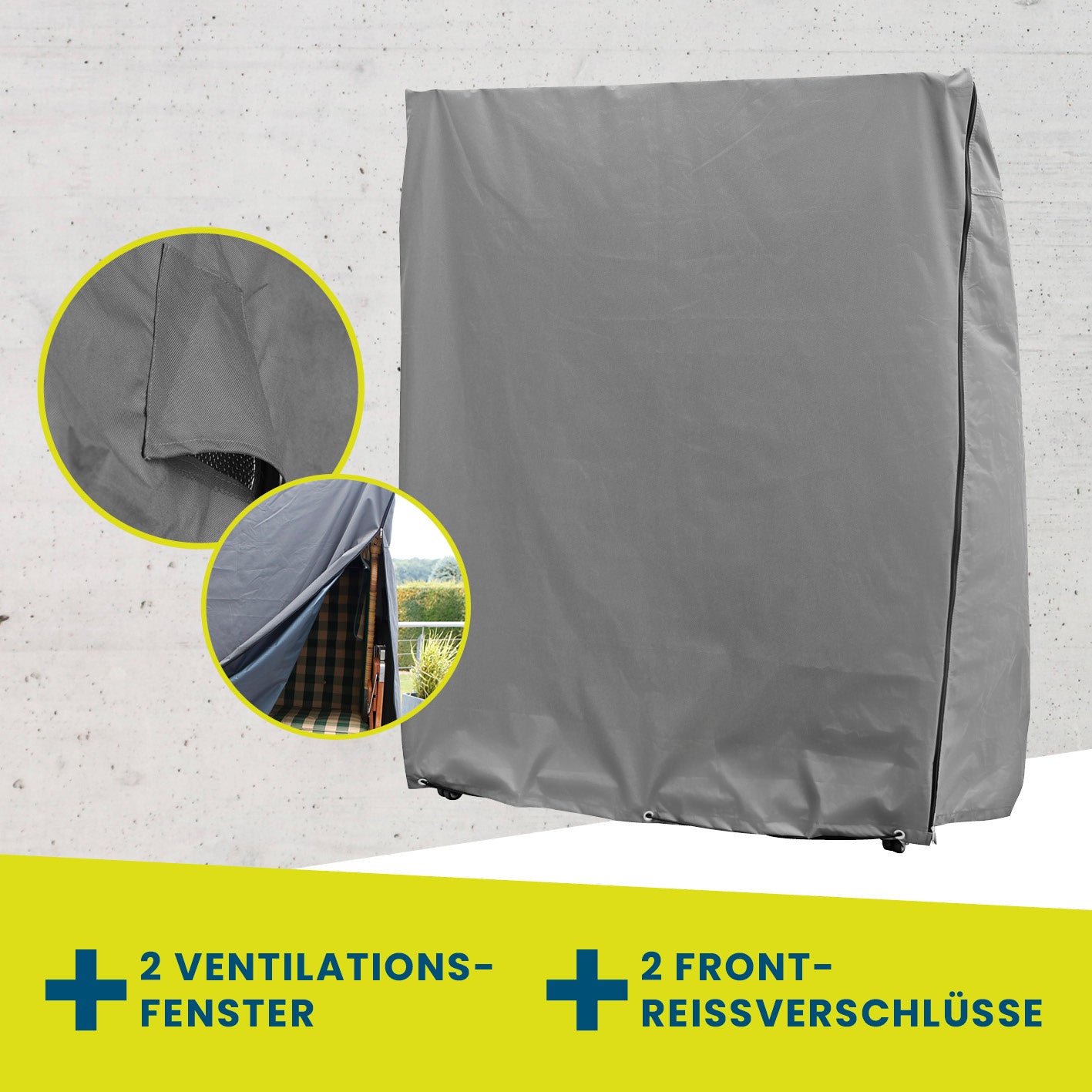 Strandkorb Schutzhülle L/XL - 140 x 100 x 165/140 cm - grau, robust, wasserdicht mit Belüftungsfenstern und Reißverschlüssen.