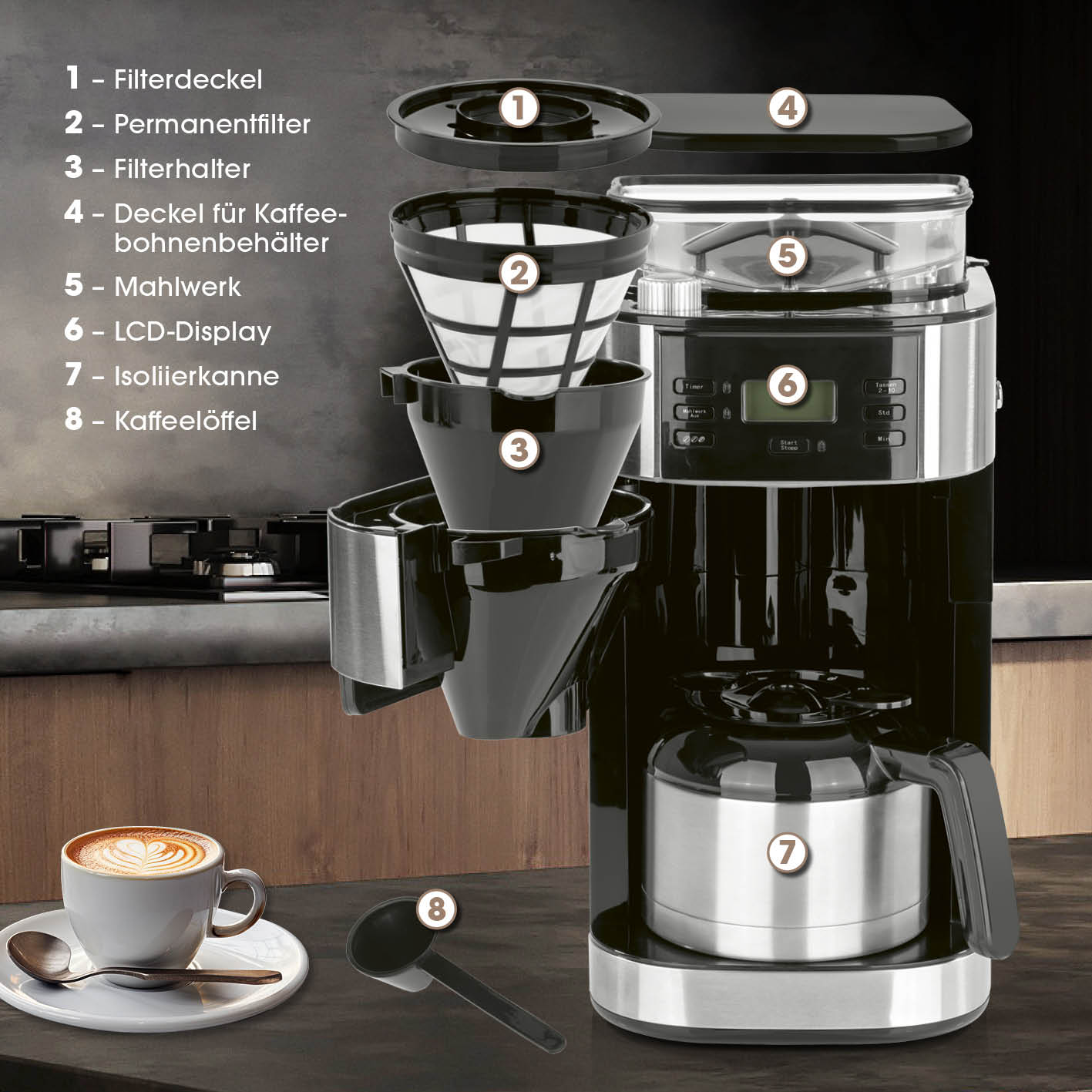 Kaffeemaschine mit Mahlwerk mit Isolierkanne - 1000 Watt - Edelstahl/schwarz mit LCD-Display und 24-Stunden-Timer.
