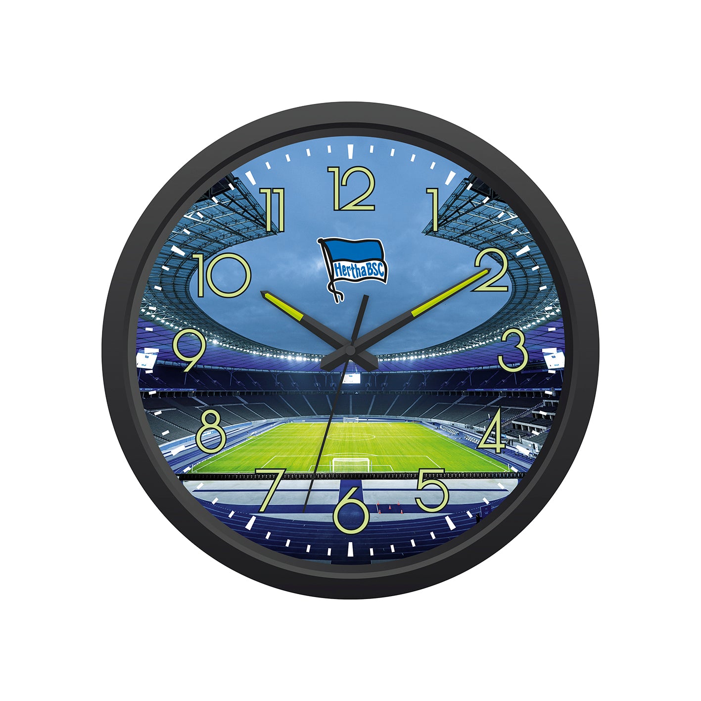 Wanduhr "Glow in the dark" mit Stadion-Motiv und nachleuchtenden Zahlen und Zeigern, batteriebetrieben mit Vereinslogo.