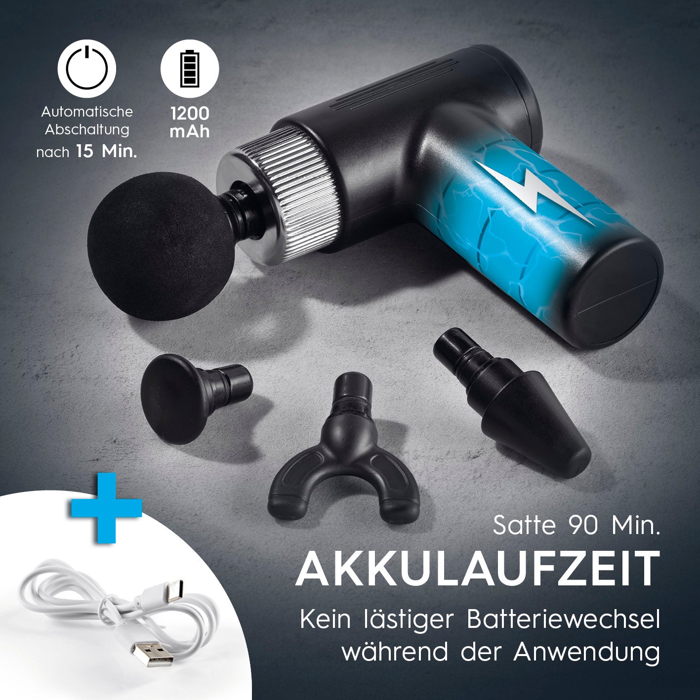 Massagegerät Mini-Gun schwarz/silber mit 4 Aufsätzen, 1200 mAh Akku, 90 Min Laufzeit, handlich für mobile Massageanwendungen.