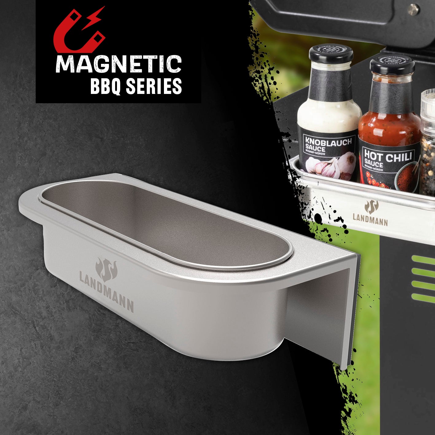 Magnet Saucenhalter aus Edelstahl mit starkem Magnet für bis zu 3 Saucenflaschen, ideal für Grill und Küche, leicht zu reinigen.