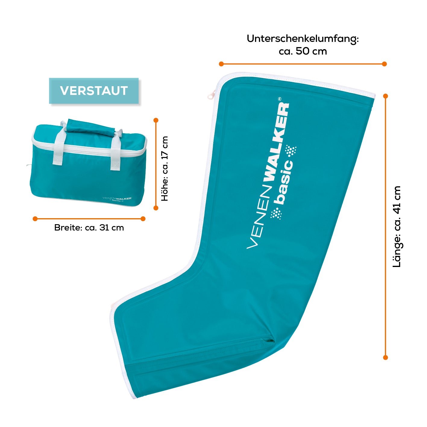 Therapiegerät VenenWalker Basic - Medizinprodukt mit Wechseldrucktechnik für venöse Beschwerden, Maße und praktische Tragetasche.