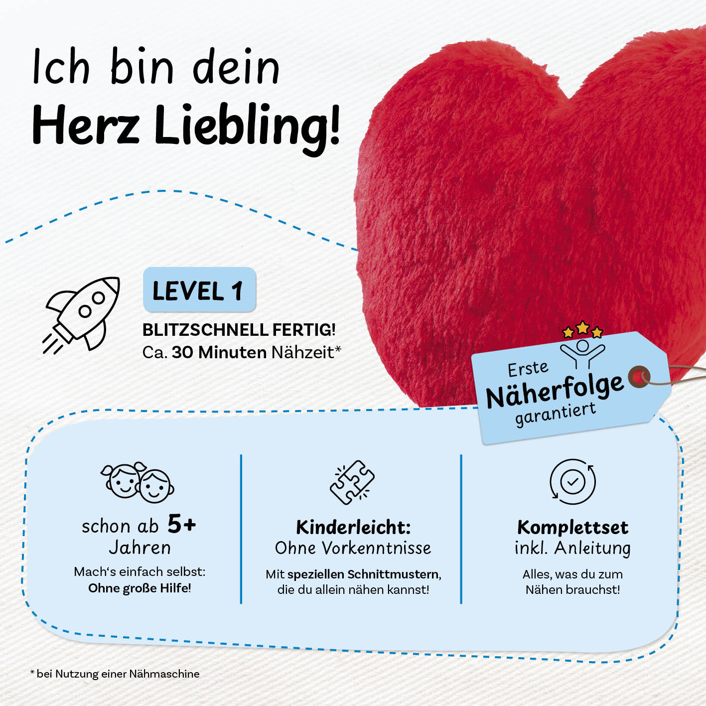 Näh-Baukastenset Motiv Herz Liebling für Kinder ab 5 Jahren, kinderleicht, Komplettset mit Anleitung, erste Näherfolge garantiert.