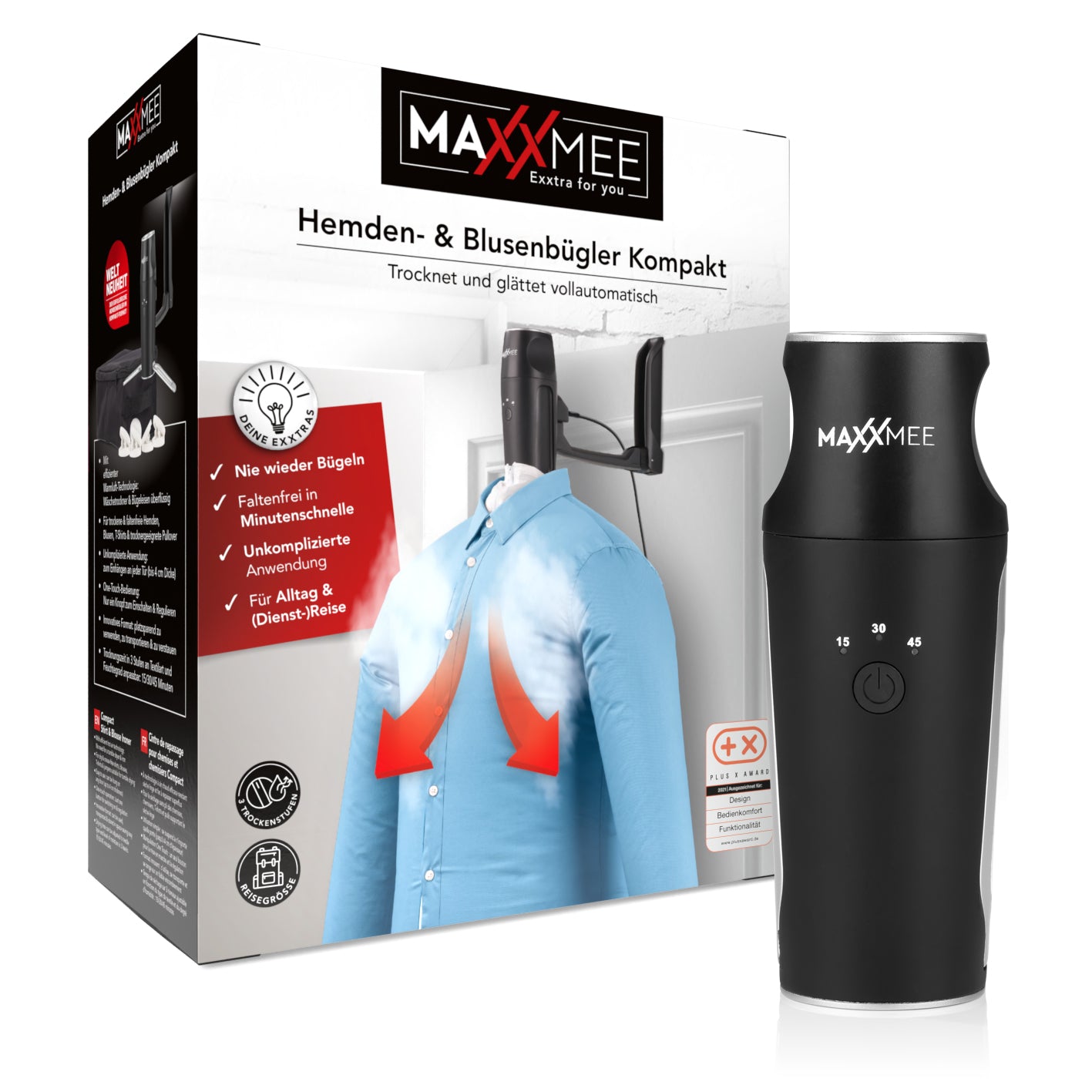 Hemden- & Blusenbügler Kompakt - schwarz/silber mit Warmluft-Technologie, leicht an Türen hängbar, 3 Trocknungsstufen, platzsparend.