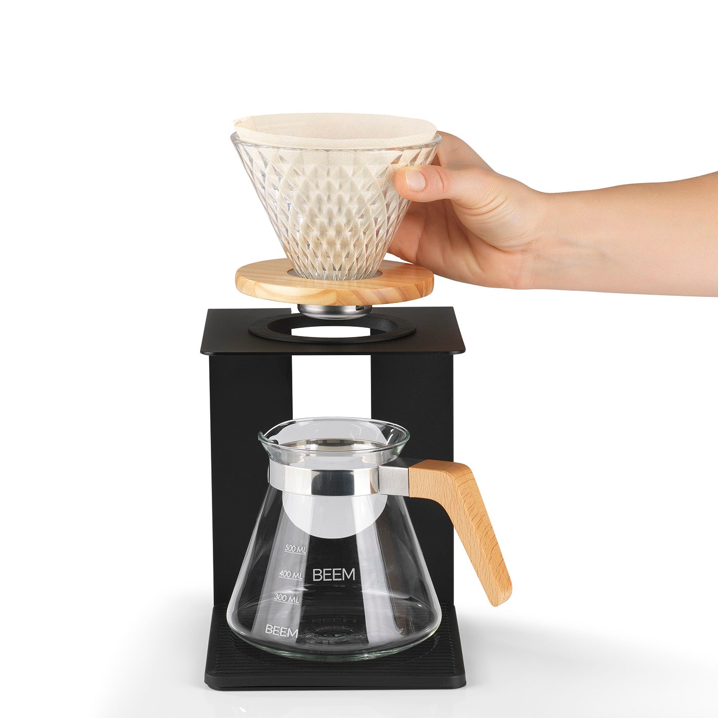 Kaffeebereiter Set Pour Over - 4-tlg. - 600 ml - schwarz/Edelstahl mit Glaskanne und verstellbarem Gestell für manuelle Kaffeebrühkunst.