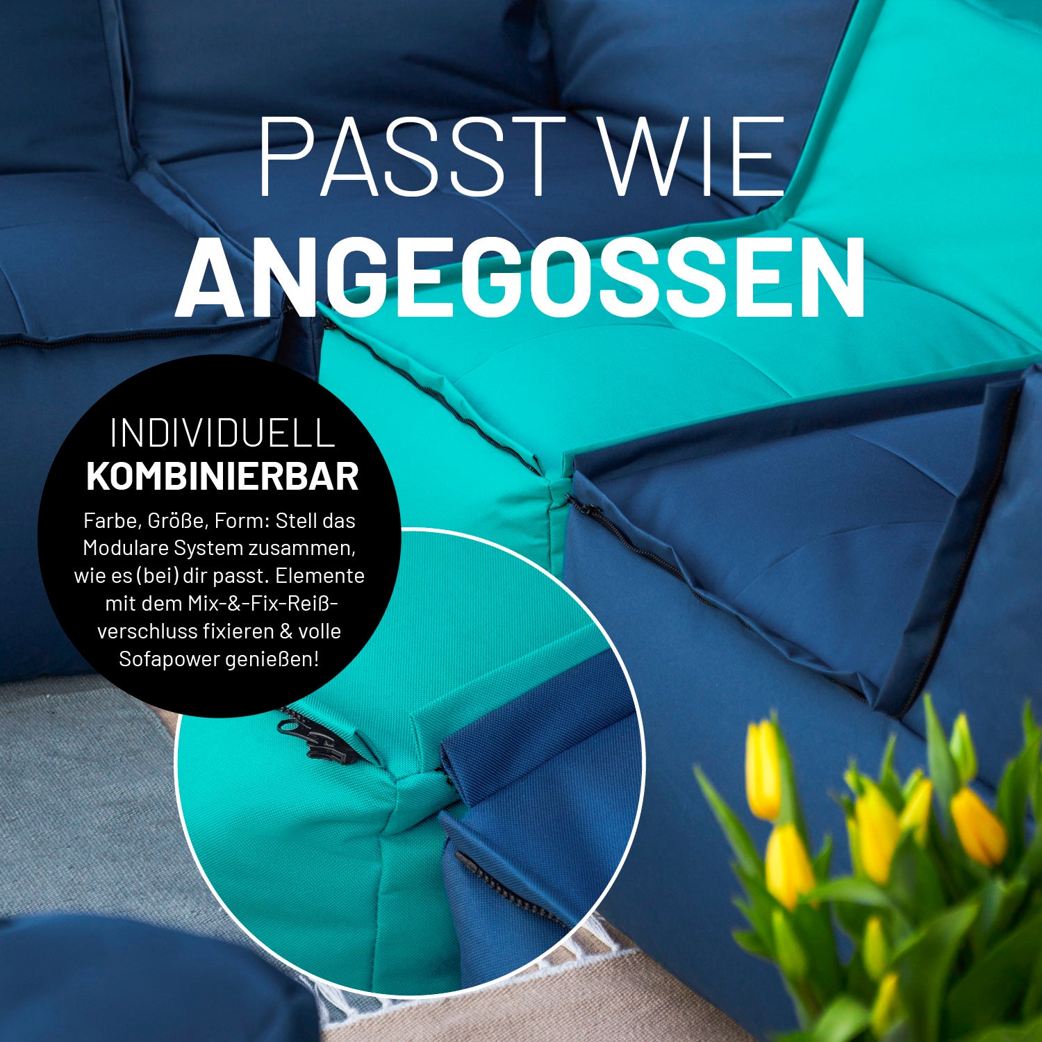 Sitzsack-Sofa Mittelstück (200 L) in Türkis, modulares System, indoor & outdoor, mit Mix-&-Fix-Reißverschluss für flexible Kombination.