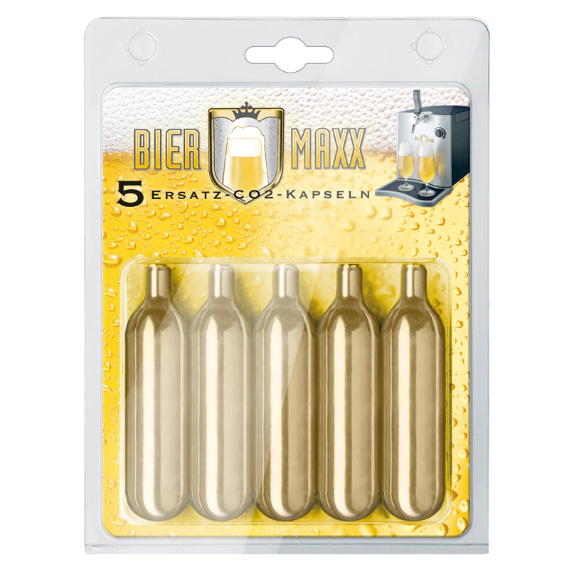 BIER MAXX - CO2 Kapseln - 5er-Set für 5l-Fass, einfaches Handling, schneller Austausch, perfekte CO2-Versorgung fürs Bierfass.