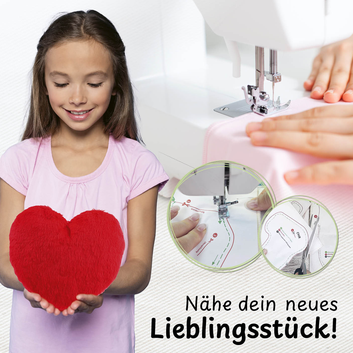 Näh-Baukastenset Motiv Herz Liebling mit Anleitung, ideal für Kinder zum spielerischen Nähen lernen mit Nähmaschine.