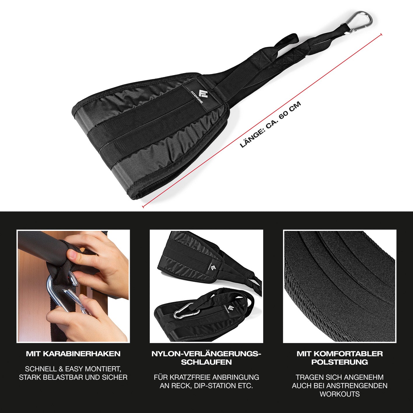 Bauchtrainingsschlaufen mit Karabinerhaken, gepolstert, bis 150 kg belastbar, schnelle Befestigung für effektives Sixpack-Training.