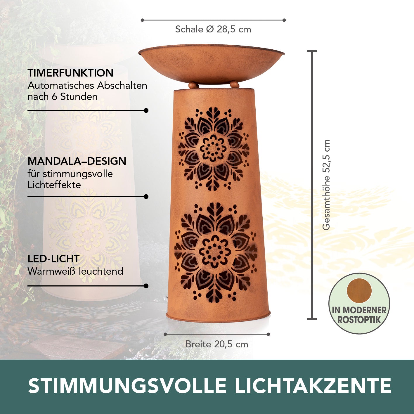 LED-Dekosäule mit Pflanzschale - Rost-Optik Mandala mit LED-Licht, Solarpanel und stimmungsvoller Mandala-Optik für Garten und Terrasse.