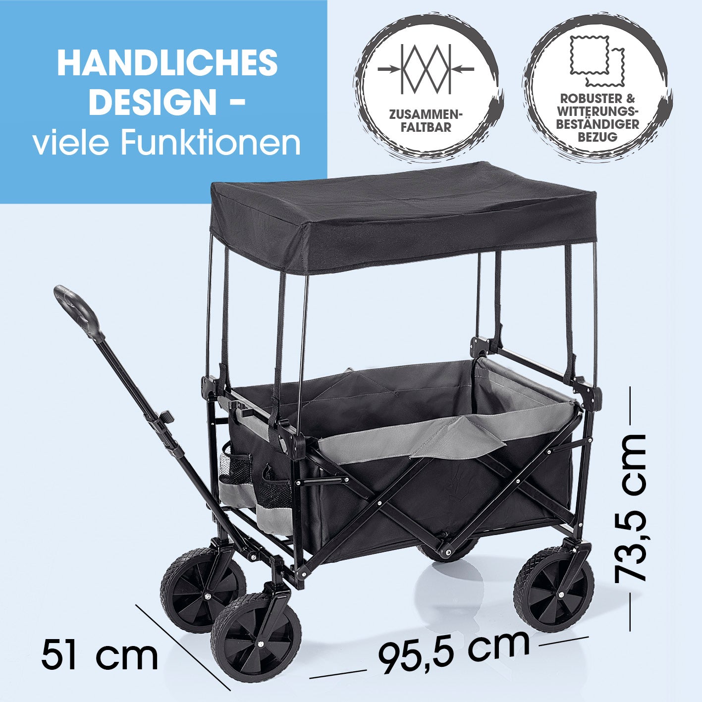 Bollerwagen mit Dach - faltbar anthrazit/schwarz, wetterfester Bezug, 360° drehbare Räder, Teleskopgriff, Traglast bis 80 kg.