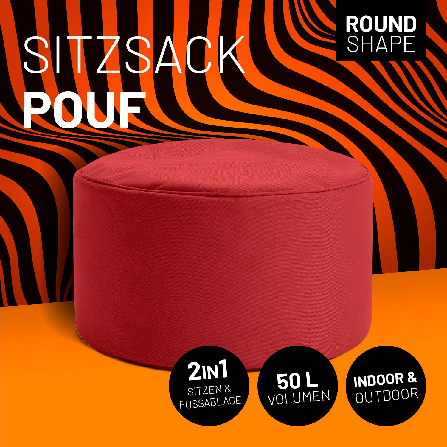 Sitzsack-Hocker/Pouf (50 L) in Rot, modern, robust, indoor & outdoor nutzbar, leicht und mit hochwertiger Füllung, abwischbar und pflegeleicht.